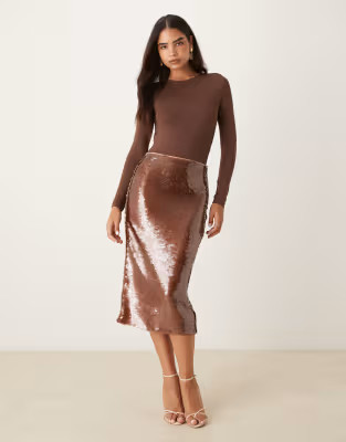 Mango sequin midi skirt in brown | ASOS (Global)