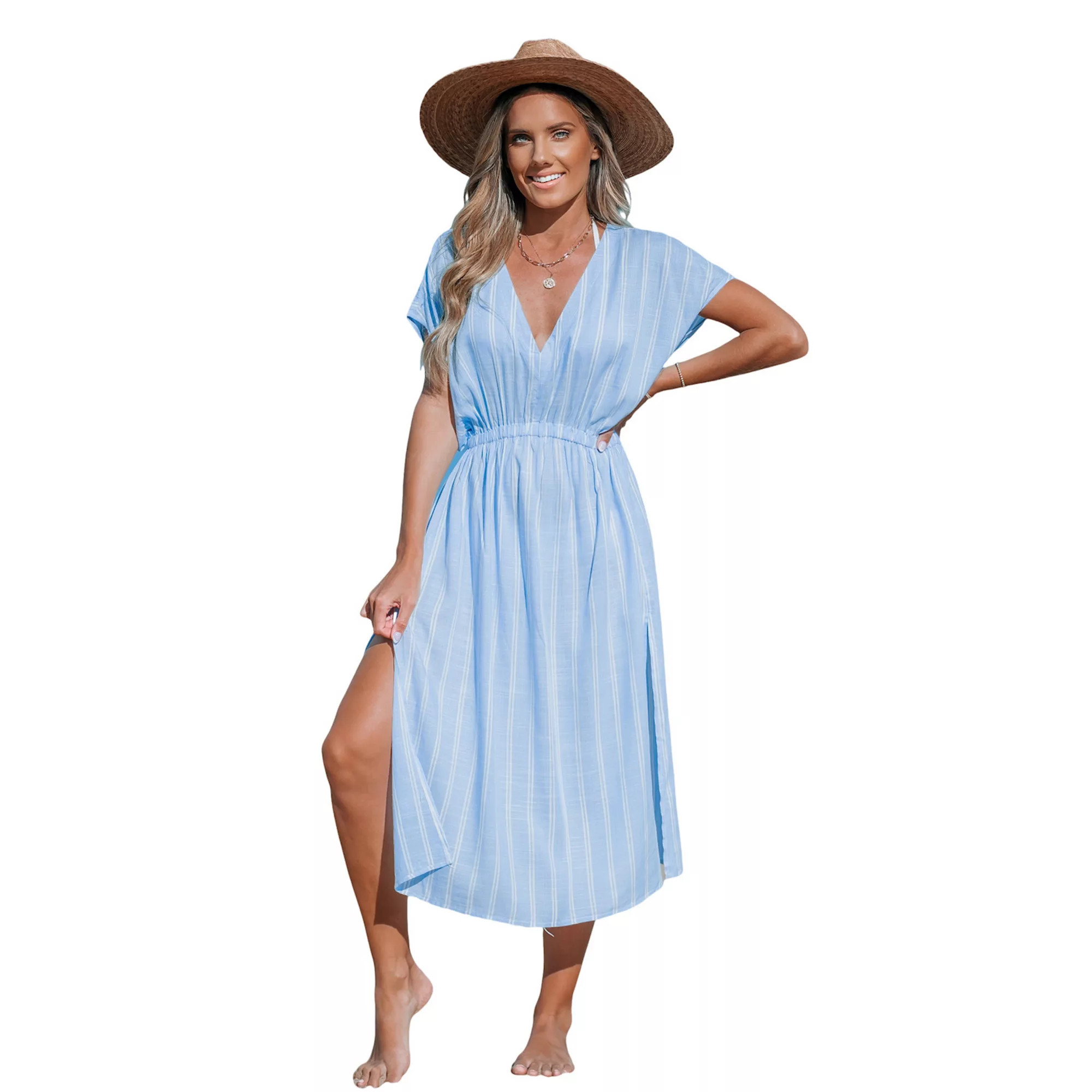Women's CUPSHE Striped Plunging V-Neck Dolman Sleeve Midi Cover-Up Dress | Kohl's