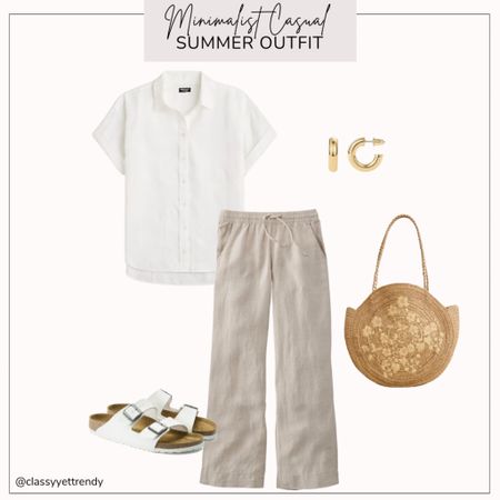 Minimalist casual summer outfit

White linen shirt
Flax linen pants
White Birkenstock strap sandals
Raffia straw bag