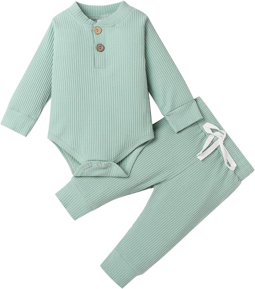 Newborn Baby Boy Girl Clothes Ribbed Knitted Cotton Long Sleeve Romper Long Pants Solid Color Fall W | Amazon (US)