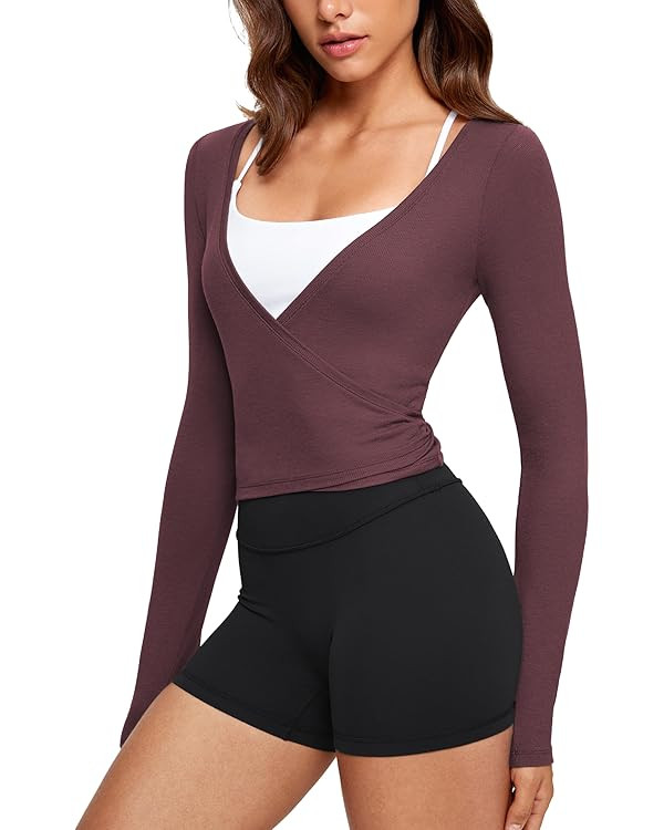 Womens V-Neck Long Sleeve Cross Wrap Top Slim Fit Soft Knit Layering Shirt Casual Yoga Gym Bandag... | Amazon (US)