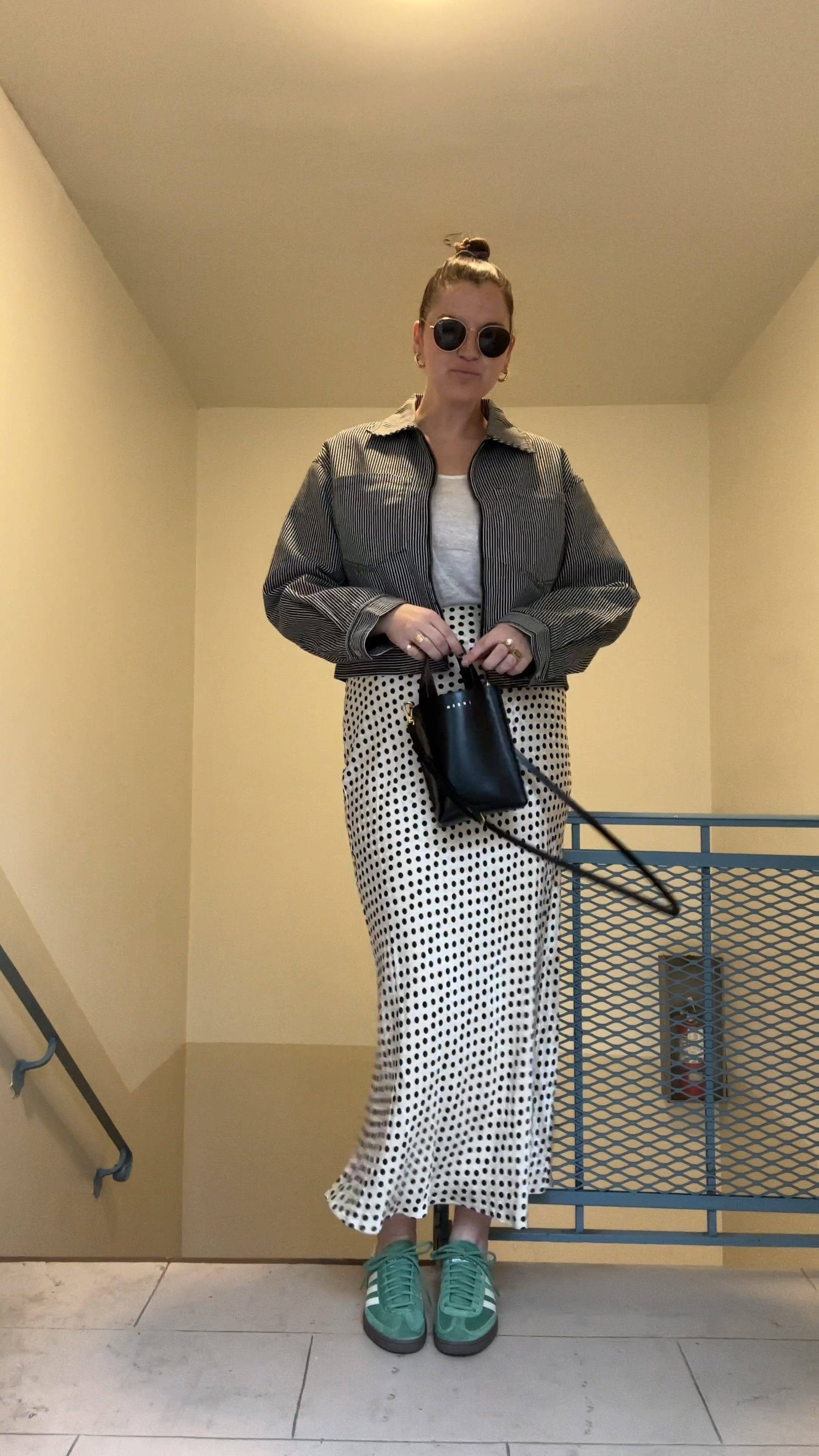 ASOS DESIGN cropped striped jacket in charcoal, budget friendly, affordable, black and white Jean jacket, spring / summer, 
Topshop jacquard polka dot bias skirt in Ivory, ADIDAS ORIGINALS GREEN HANDBALL SPEZIAL SNEAKERS, SSENSE, COMFY SHOES, SPRING / SUMMER, CASUAL OUTFIT, FARFETCH, linen white tank top from h&m, rayban round sunglasses, gold jewelry from Amazon (hoop earrings, rings), Marni Museo Nano leather tote bag, Farfetch, on sale now, designer handbag, crossbody, fall / winter, black and neutral

#LTKStyleTip #LTKFindsUnder50 #LTKFindsUnder100