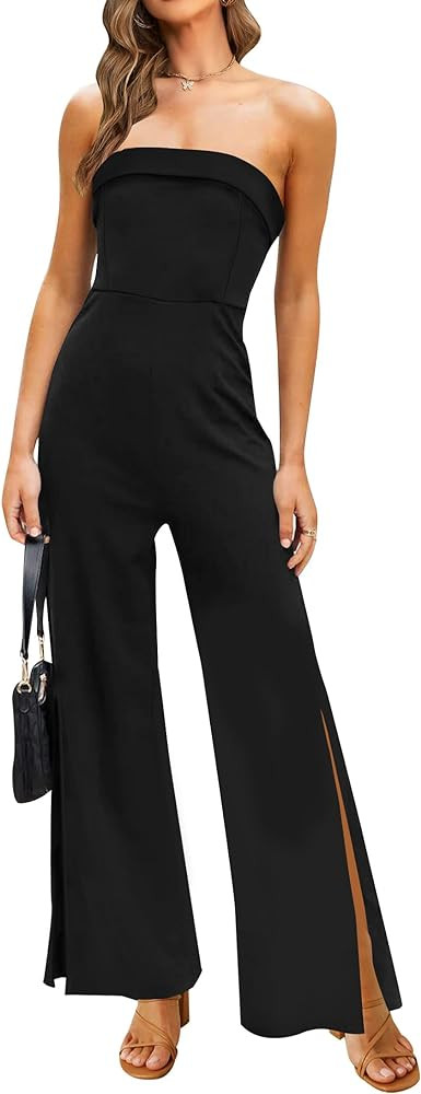 ZESICA Women's Strapless Jumpsuit Casual Off Shoulder High Waist Wide Leg Side Slit Long Romper P... | Amazon (US)