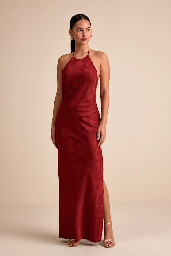 Ayura Rust Red Satin Jacquard Tie-Back Halter Maxi Dress | Lulus