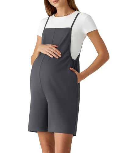 G4Free Maternity Jumpsuit Shorts Loose Adjustable Straps Pregnancy Shorts Overalls Sleeveless Romper with Pockets Casual(Dark Gray,M) | Amazon (US)