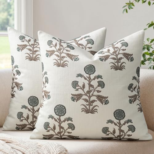 MIULEE Set of 2 Vintage Pillow Covers Neutral Decorative Floral Throw Pillows Block Print Boho Fa... | Amazon (US)