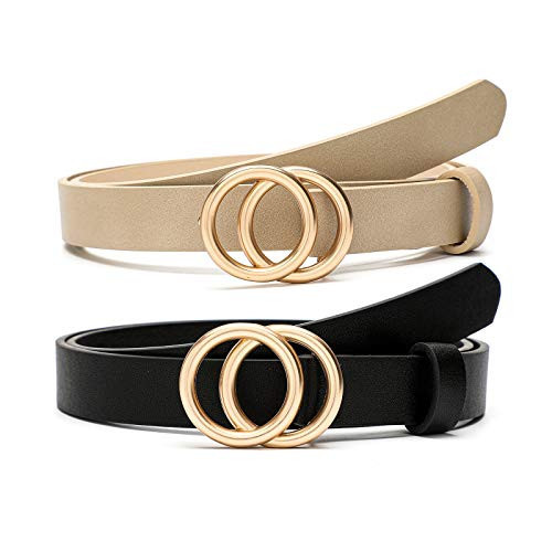 MORELESS 2 Pack Thin Belts for Women Jeans Dress Skinny Waist Belt with Gold Buckle Black Beige Small | Amazon (US)