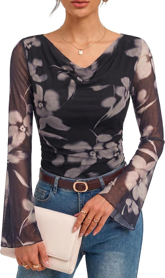 GRACE KARIN Women Boho Mesh Blouses Dressy Casual Cowl Neck Going Out Tops | Bell Long Sleeve Wor... | Amazon (US)