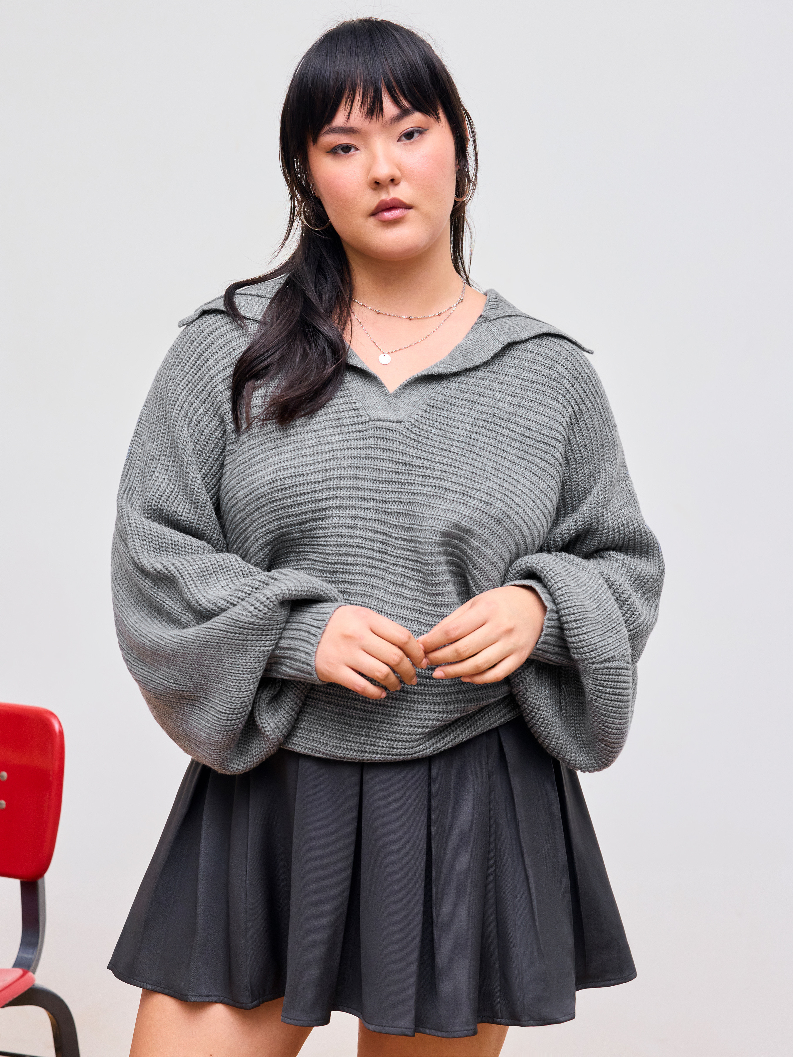 Knit Fabric Knit Collar Solid Oversized Long Sleeve Sweater Curve & Plus For Daily Casual | Cider