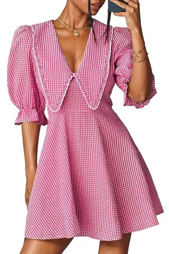 Sezhgswd Women's Plaid Print Dresses Lapel Doll Collar V-Neck Puff Sleeve Checkered Tunic A-Line Mini Dress Pink | Amazon (US)