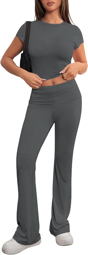 MEROKEETY Women's 2 Piece Outfits Lounge Set Short Sleeve Crop Top Fold Over Flare Pants Y2K Casu... | Amazon (US)