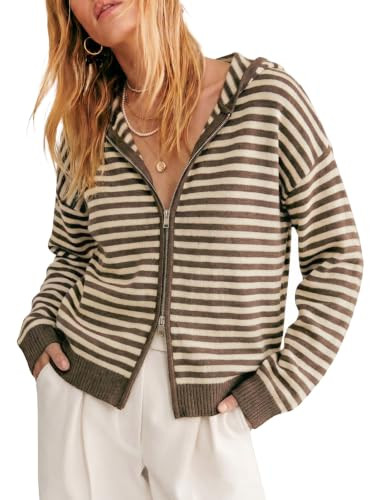 Cicy Bell Womens Striped Hooded Cardigan Zip Up Knit Long Sleeve Sweaters | Amazon (US)