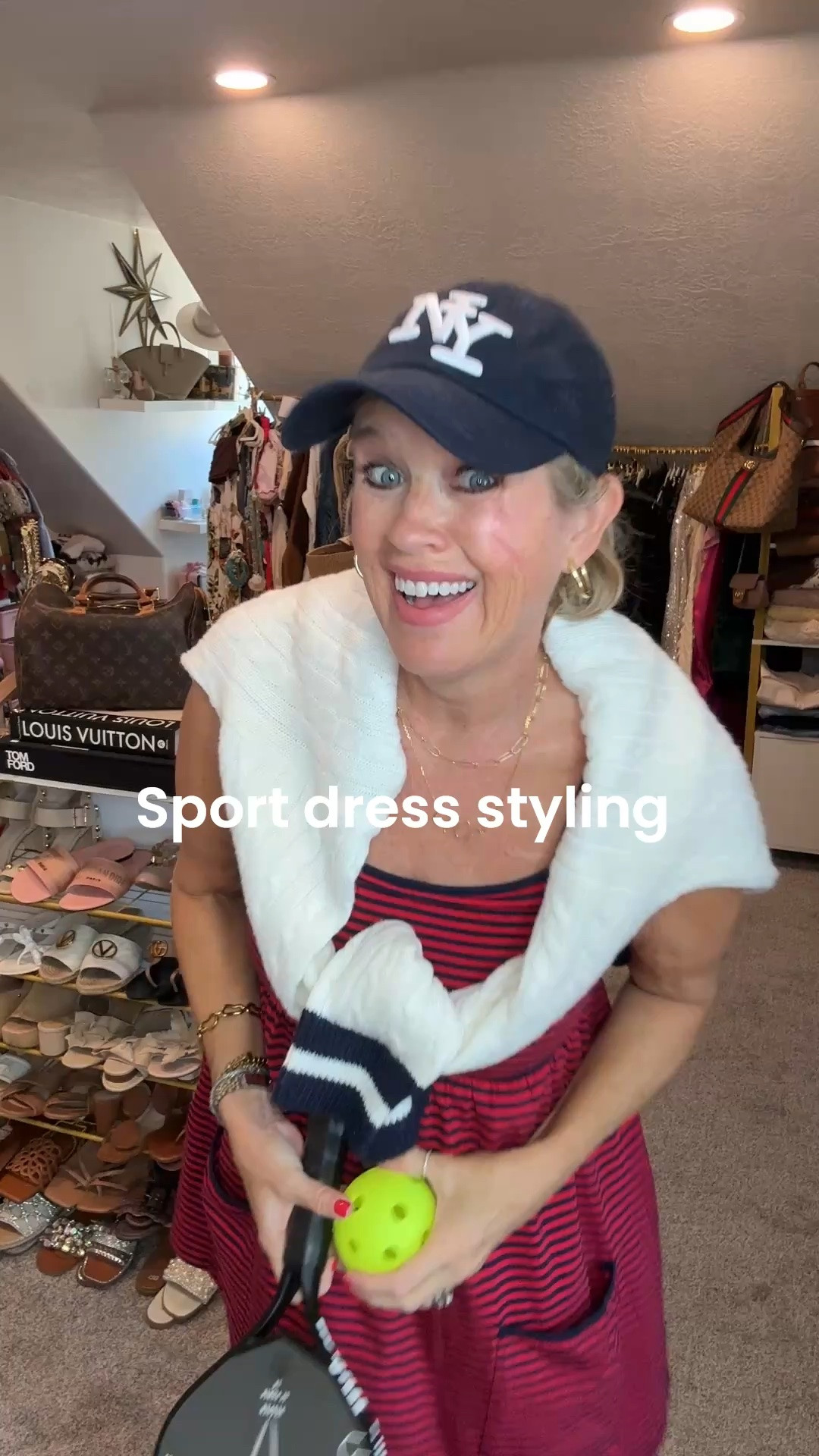 3 affordable sports dress you can wear
Walking/ playing pickle ball/ sports and great for running errands

Built in bra and shorts with front pockets

Striped  cami style sports dress- styled with a NY baseball
black/ new balance 327 sneakers 
Gold hoops 

These come in solids/stripes/ polka dots in several color ways