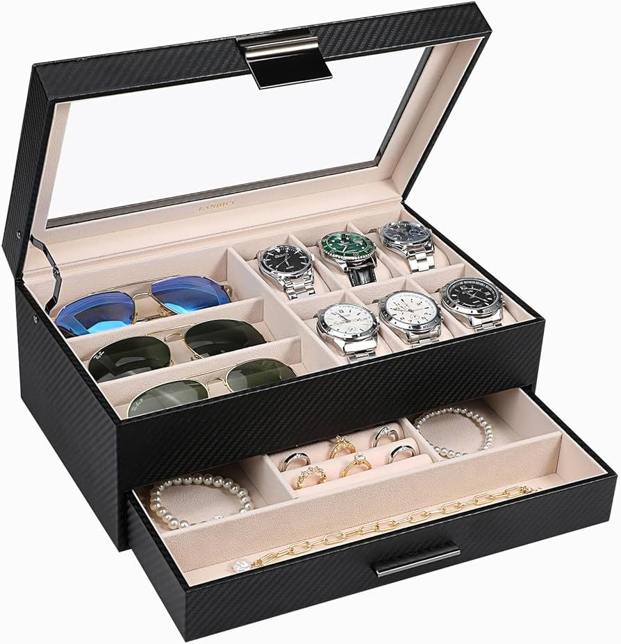 LANDICI Watch Box Organizer Jewelry Box for Men Women, 2 Layer 6 Slot PU Leather Watch Storage Ca... | Amazon (US)