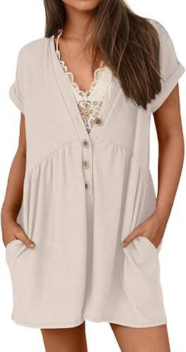 Glamaker Women's Summer Short Sleeve Romper Casual V Neck Wide Leg Short Jumpsuit Button Beach Ro... | Amazon (US)