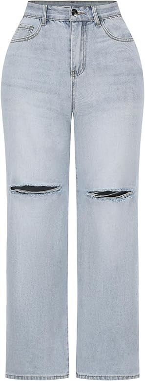 THUNDER STAR Pantalones de mezclilla de cintura alta y pierna ancha para mujer | Amazon (US)