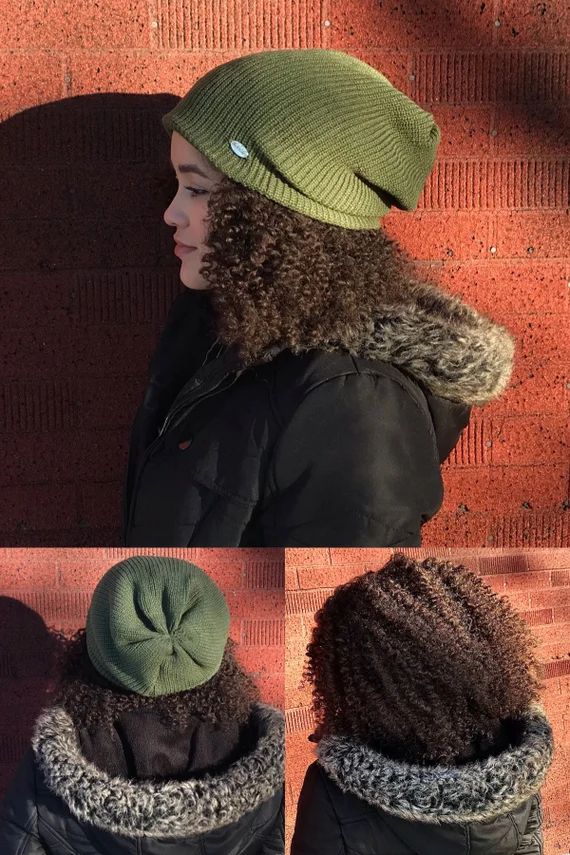 Satin Lined Hat - Slouchy Ribbed Knit Beanie - Olive Green Color - Extra Large Size - Natural Cur... | Etsy (US)