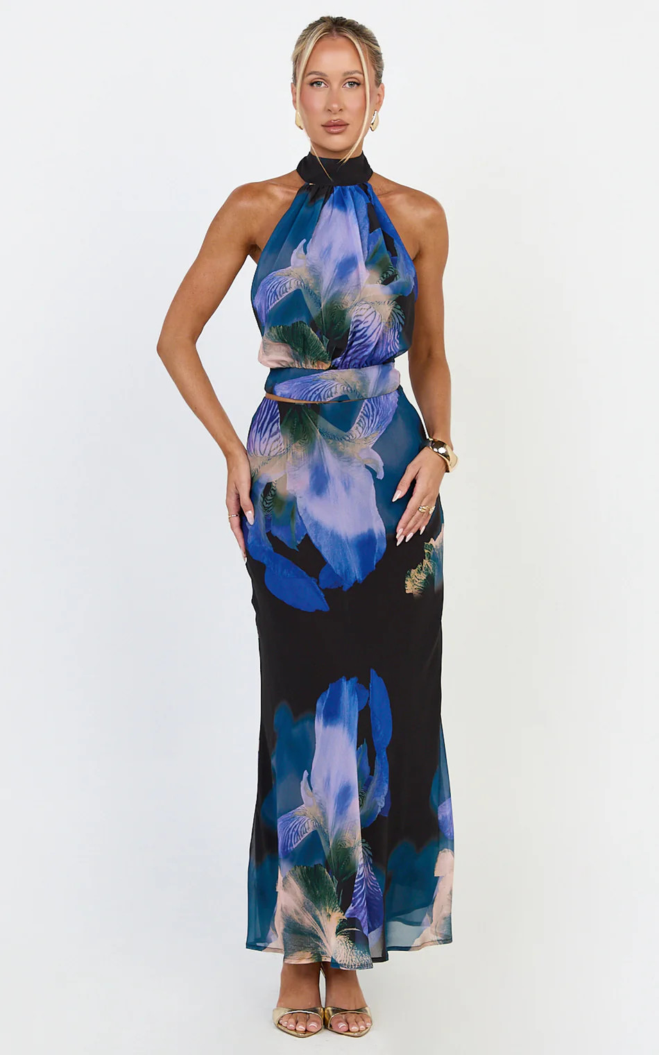 High Neck Georgette Top in Midnight Resort Orchid Print | Showpo (US, UK & Europe)