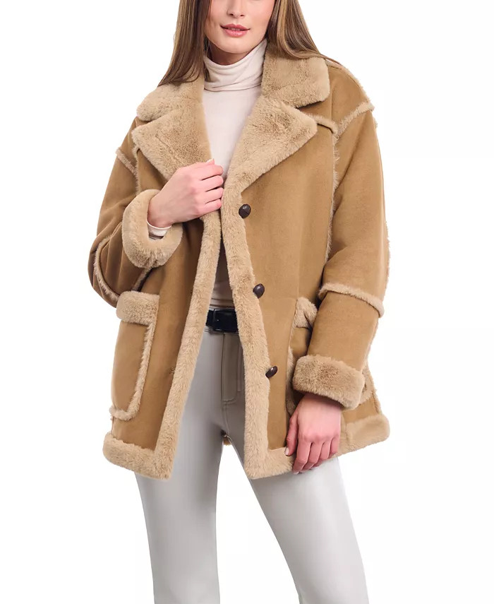 Women's Faux-Shearling Patch Pocket Coat | Macy's