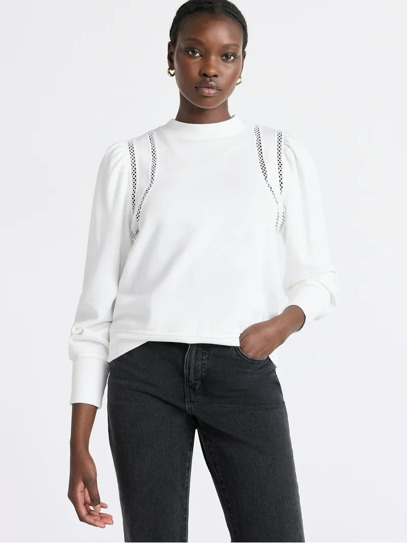Free Assembly Women's French Terry Sweatshirt with Lace Inset and Long Puff Sleeves, Sizes XS-XXL | Walmart (US)