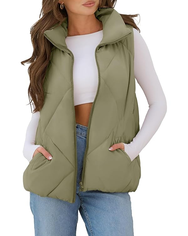 MEROKEETY Womens 2024 Puffer Vest Sleeveless Zip Up Quilted Coat Stand Collar Gilet Jacket With P... | Amazon (US)