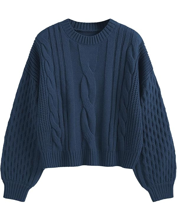 ZAFUL Women's Solid Knit Cable Sweater Casual Long Lantern Sleeve Pullover Crew Neck Knitted Tops | Amazon (US)