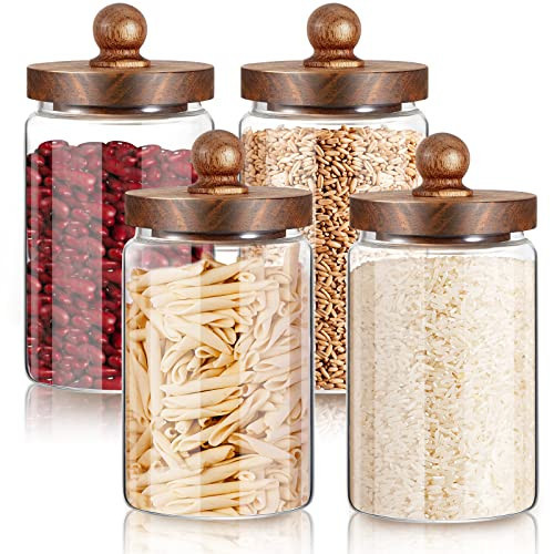 Gerrii 4 Pcs 32 oz Glass Food Storage Jar with Acacia Wood Lids Airtight Sealed Clear Glass Canisters Air Tight Glass Container Jar for Coffee Beans Nuts Loose Leaf Tea Sugar Spice Candy Rice Pasta | Amazon (US)