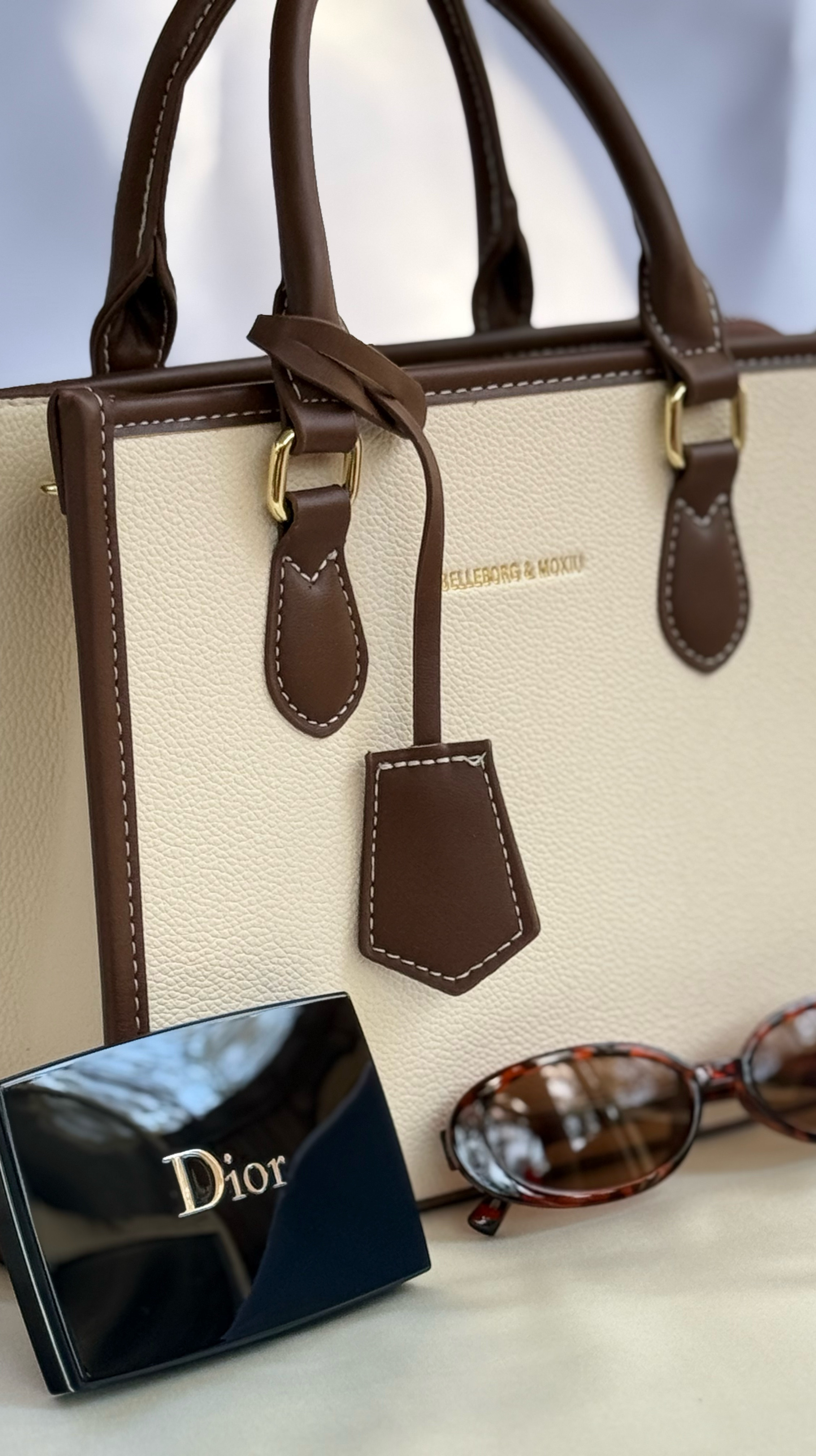 BELLEBORG Old Money, elegant Lightweight Bag.  Square white and brown Bag For Women. Perfect For Office, College, Work , Business, Commute, Outdoors, Travel, Outings. 