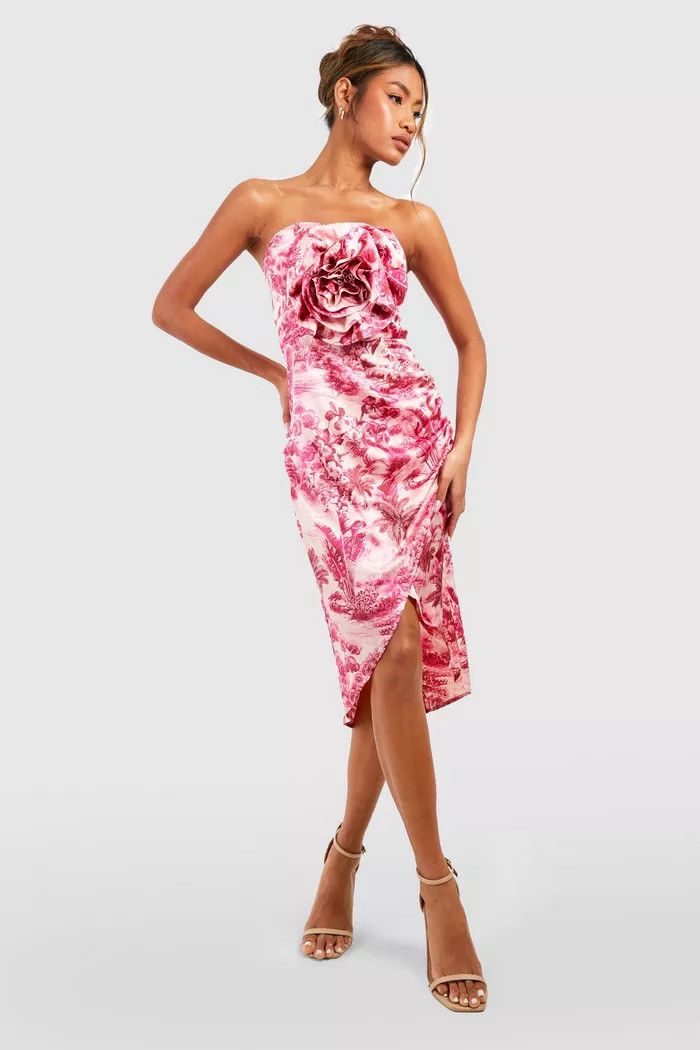 3D Rose Detail Bandeau Wrap Midi Dress | Vacation Dress | Maui | Tropical Print #LTKtravel #LTKU | Boohoo.com (US & CA)