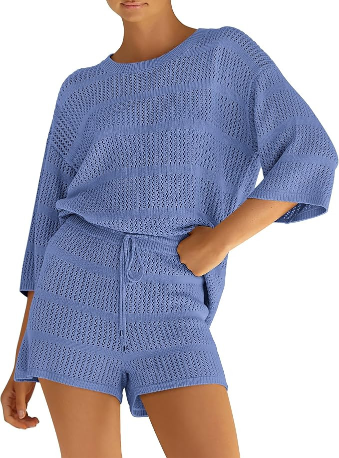 PRETTYGARDEN Women's Summer 2 Piece Swimsuit Coverup Hollow Out Knit Half Sleeve Tops Shorts Sets... | Amazon (US)