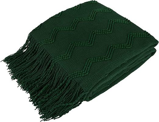 PAVILIA Knitted Throw Blanket Fringe Emerald Green Dark Forest | Decorative Tassel Boho Farmhouse... | Amazon (US)