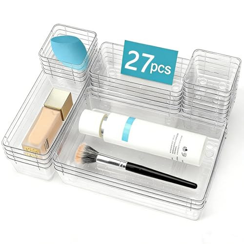 OjpZorynic 27 PCS Clear Drawer Organizer Set, 4 Sizes Desk Drawer Storage Bins, Divider Trays for Makeup, Vanity, Bathroom, Kitchen, Office | Amazon (US)