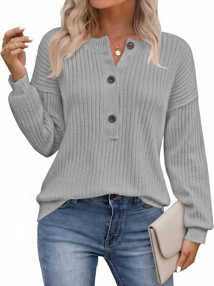 Saodimallsu Womens Henley Sweater Tops Fall Button Crew Neck Long Sleeve Trendy Loose Ribbed Knit... | Amazon (US)
