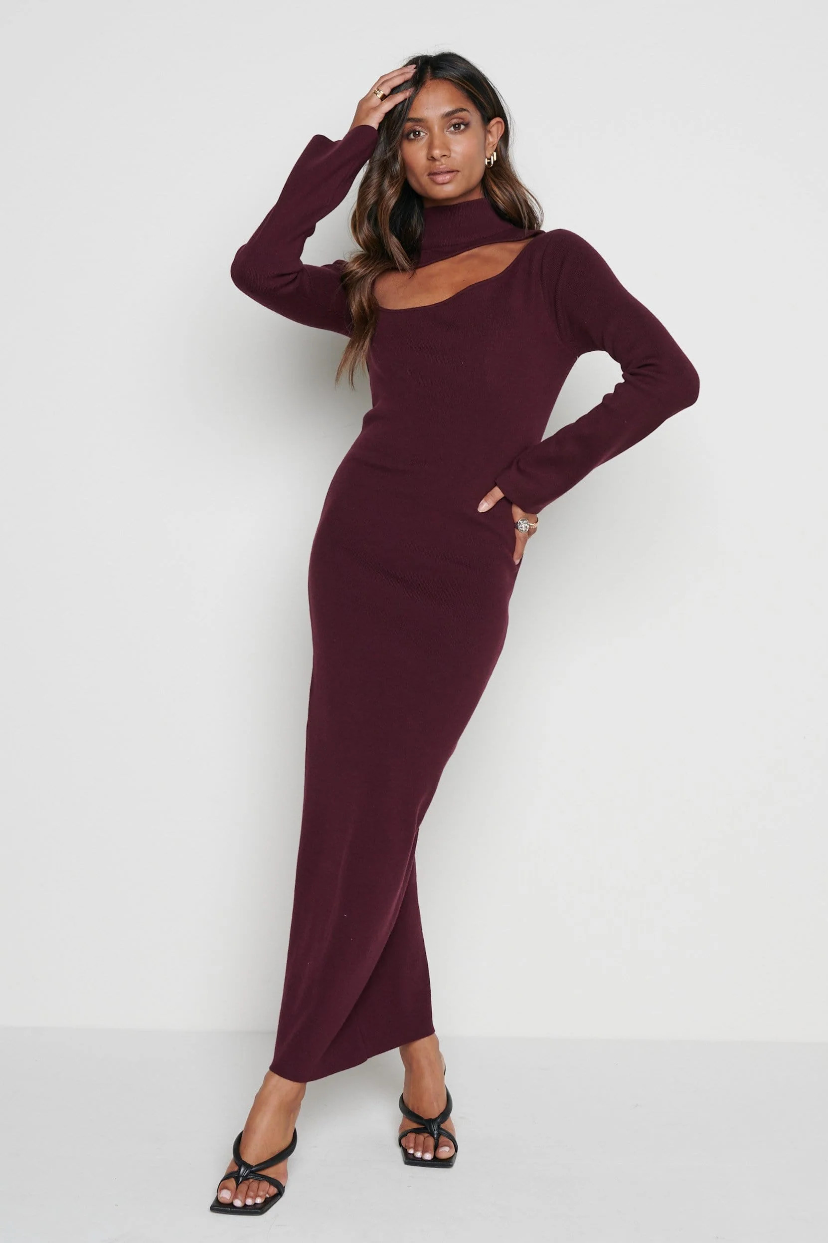 Shani Cut Out Knit Dress - Wine | Pretty Lavish (UK)