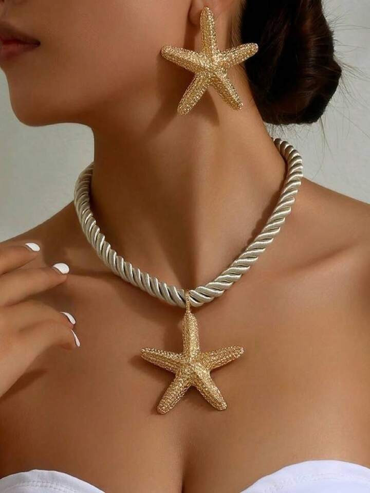 1 Set Of 3 Pieces Simple Fashion Starfish Pendant Necklace Marine Style Exaggerated Earrings Pers... | SHEIN