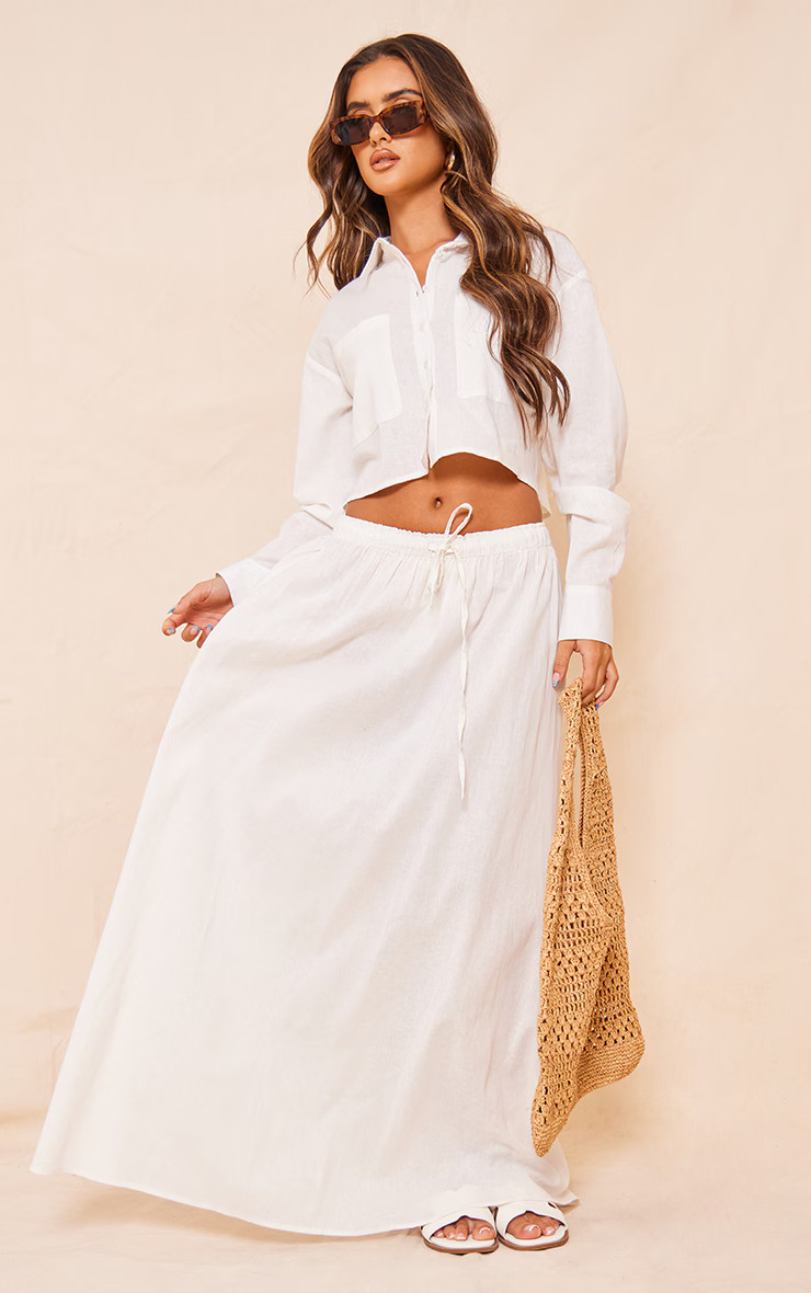 White Linen Look Drawstring Waist Maxi Skirt | PrettyLittleThing US