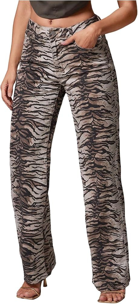 WDIRARA Women's Zebra Print Jeans Low Rise Straight Leg Hip Hop Y2k Denim Pants | Amazon (US)