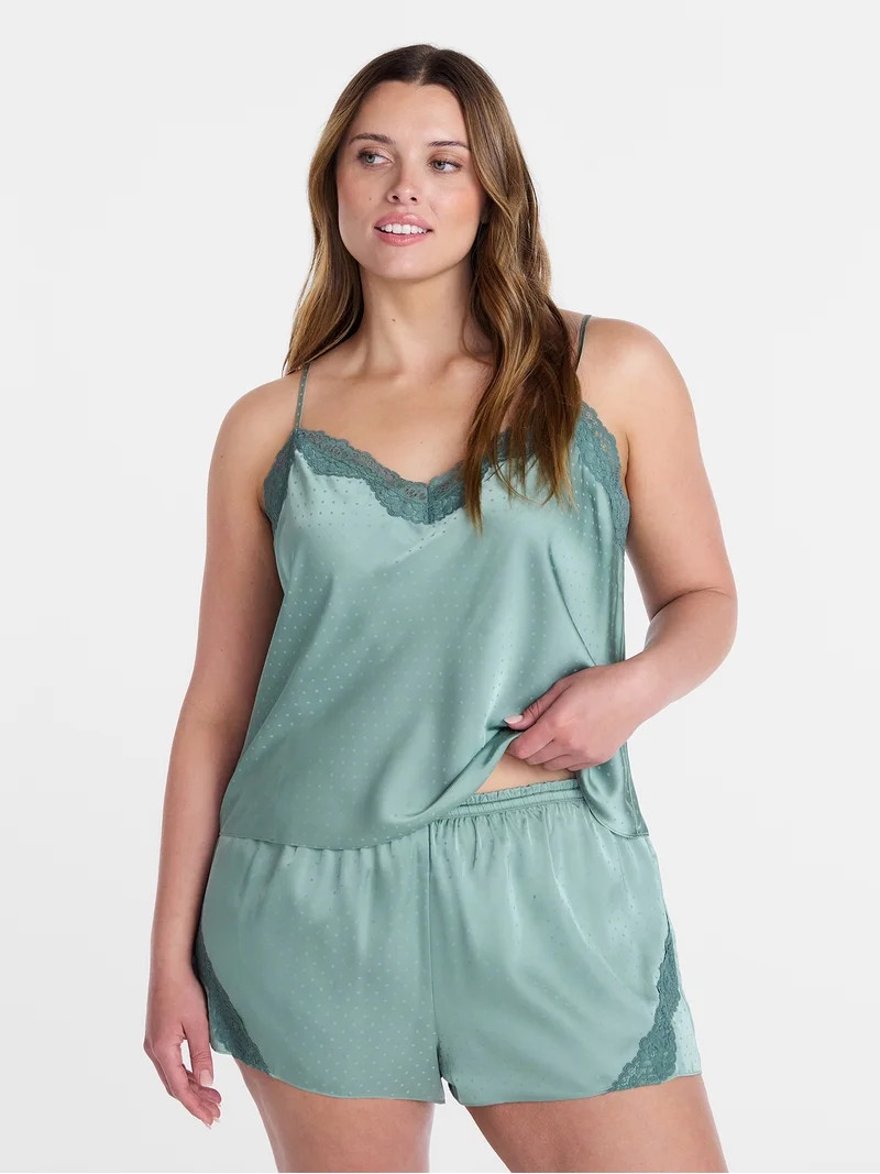 Joyspun Women's Lace Trim Stretch Satin Cami and Shorts Set, 2-Piece, Sizes XS-3X | Walmart (US)