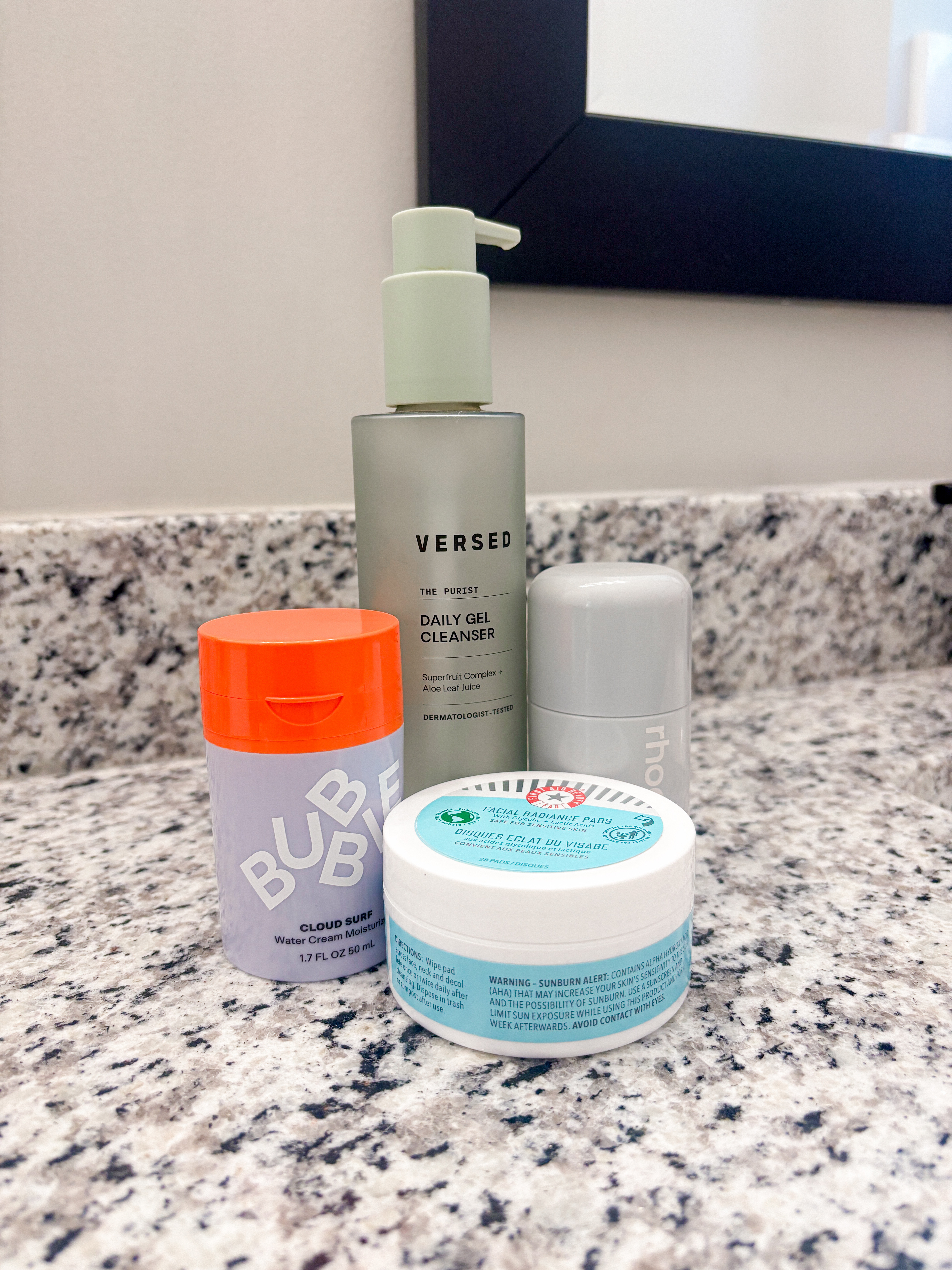 Skincare favorites on repeat: @versed Daily Gel Cleanser for a gentle cleanse, @bubbleskinfresh Cloud Surf moisturizer for hydration, @firstaidbeauty radiance pads for glow, and @rhode glazing milk. Clean, simple, effective ✨ #LTKbeauty #skincareroutine 

 #LTKgrwm #LTKBeauty #LTKTravel