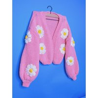 Puff Flower Bloom Pink Daisy Cardigan/Hand-Knitted Knit Fluffy Chunky Crochet Oversized Crop Sweater | Etsy (US)