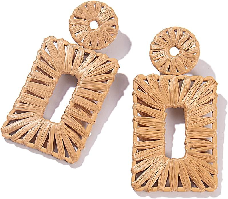Statement Raffia Earrings Boho Drop Earrings Geometric Dangle Earrings for Women Handmade Straw E... | Amazon (US)
