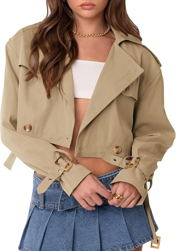 Imily Bela Womens Cropped Trench Coat Double-Breasted Lapel Long Sleeve Lightweight Bomber Jacket... | Amazon (US)