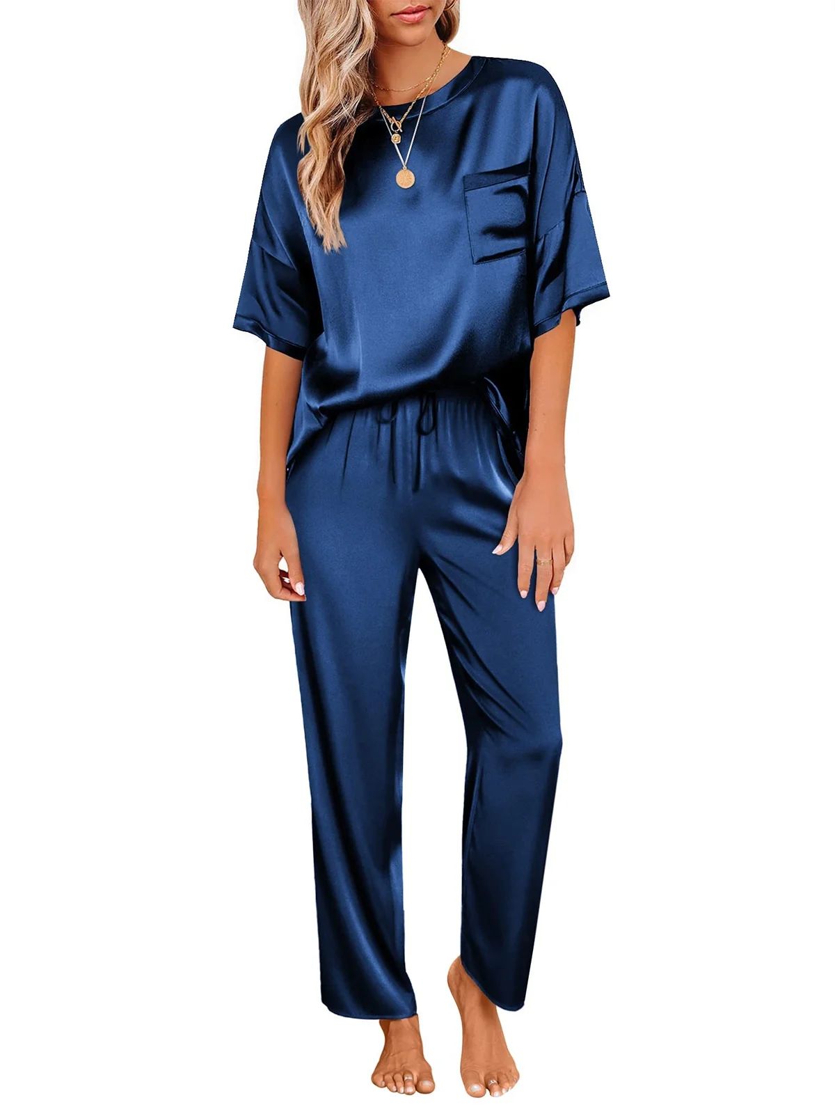 DAKIMOE Womens Silk Satin Pajama Set Short Sleeve Shirt with Long Pajama Pant Set Two-piece Pj Se... | Walmart (US)