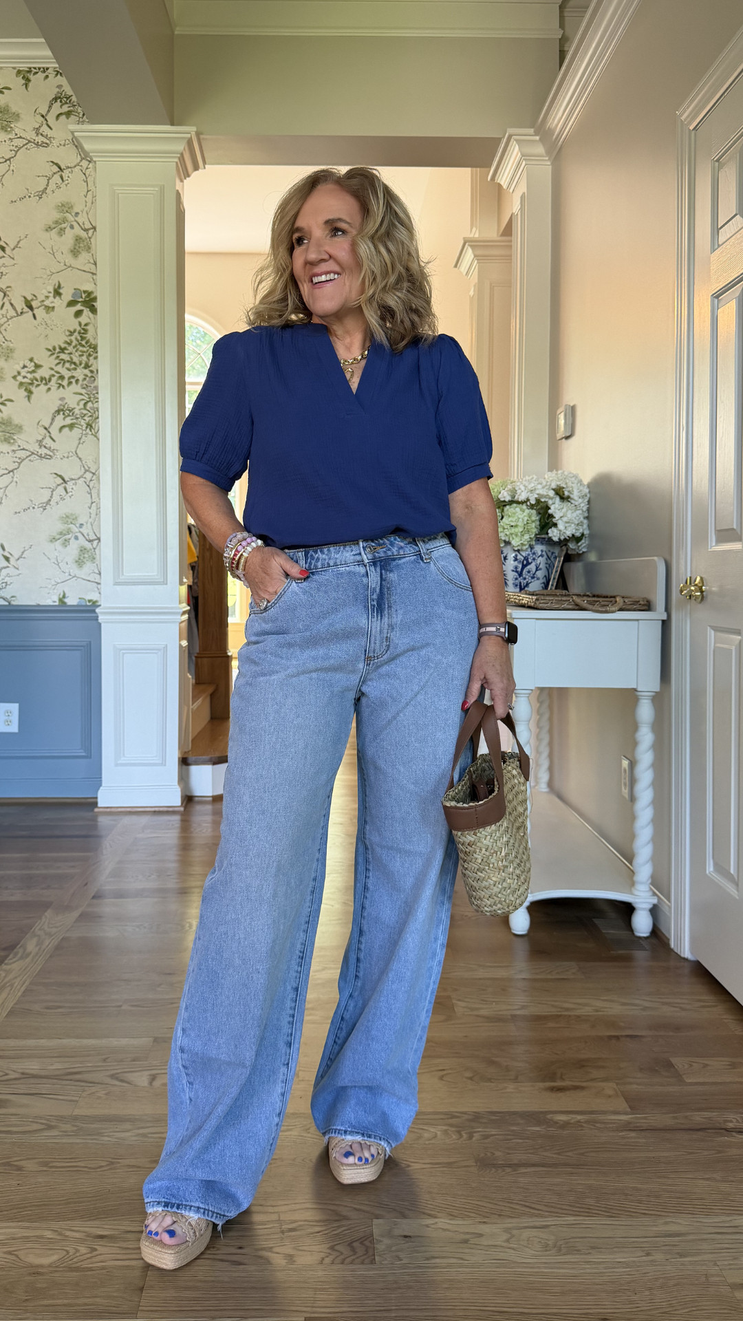A navy blouse and relaxed wide leg jeans is one of my favorite effortless outfit combos 🫶🏻

The lightweight blouse pairs perfectly with these relaxed denim jeans for coffee dates, casual Fridays, errands, or dinner out. 

 #LTKootd #LTKOver40 #LTKSaleAlert