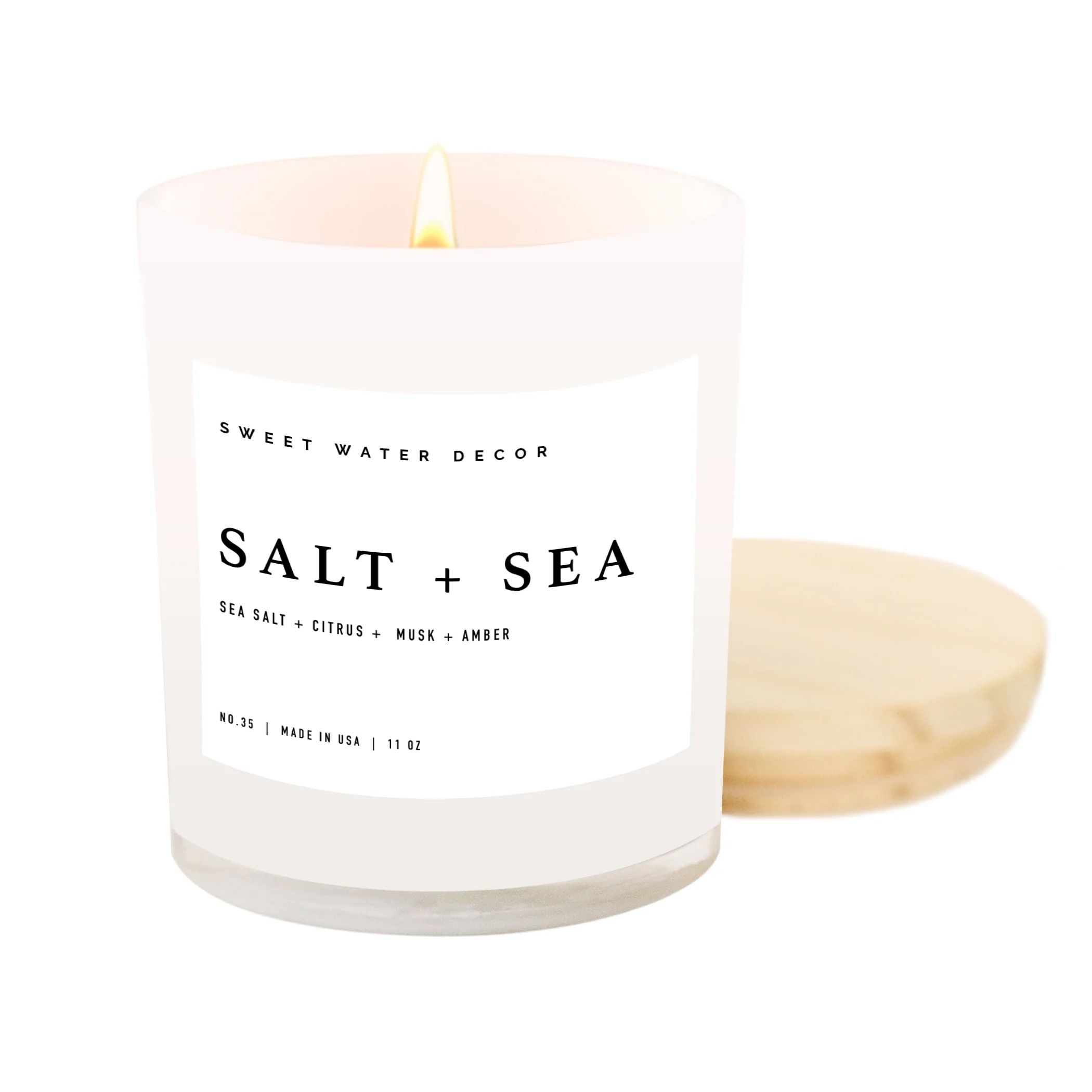 Salt + Sea Soy Candle | White Jar Candle + Wood Lid | Sweet Water Decor, LLC
