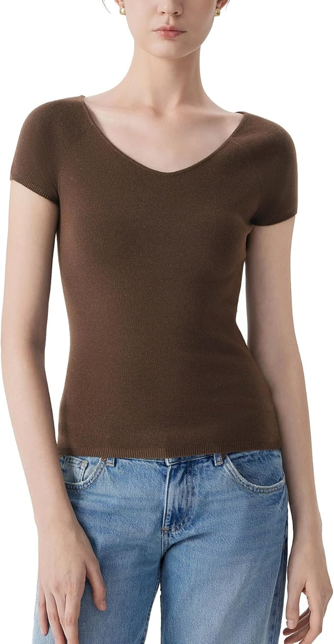 SUUKSESS Women Silk Cashmere Blend Short Sleeve Pullover Sweater Wide V Neck Tops Business Casual | Amazon (US)