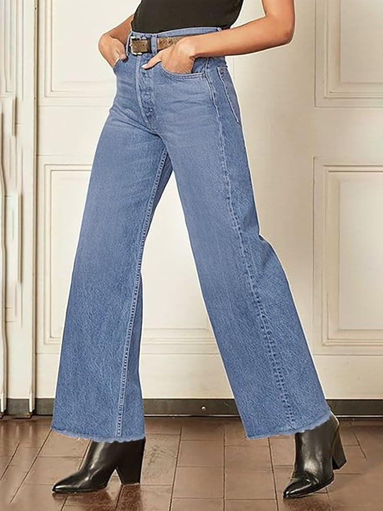 Women's Mid Rise Straight Leg Jeans - Washed Stretch Denim with Slant Pockets, Loose Comfort Fit... | Amazon (US)