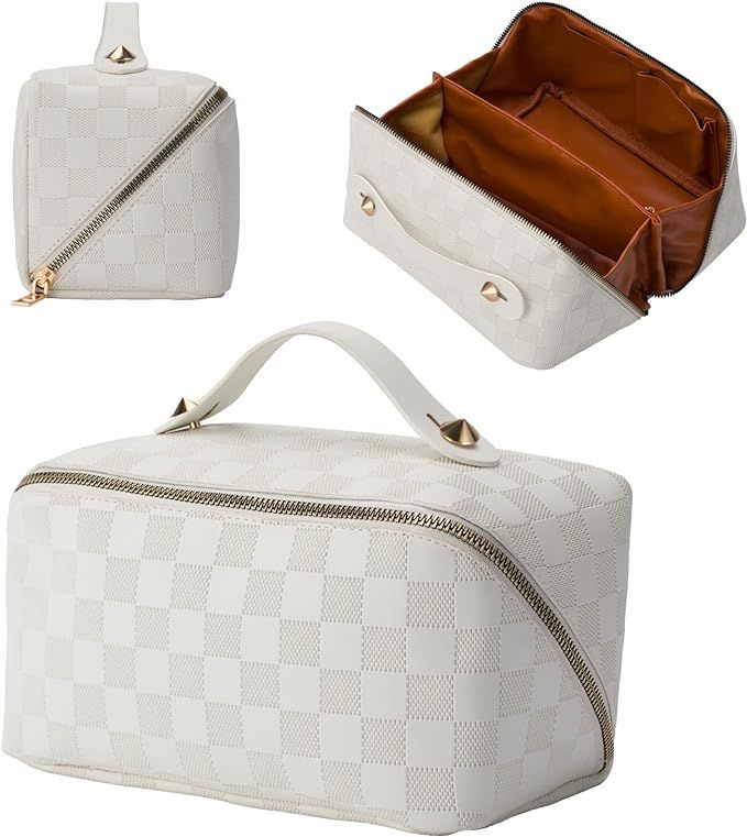 CELEDAS Cosmetic bag - check pattern cosmetic bag - waterproof portable skincare bag - large capa... | Amazon (US)
