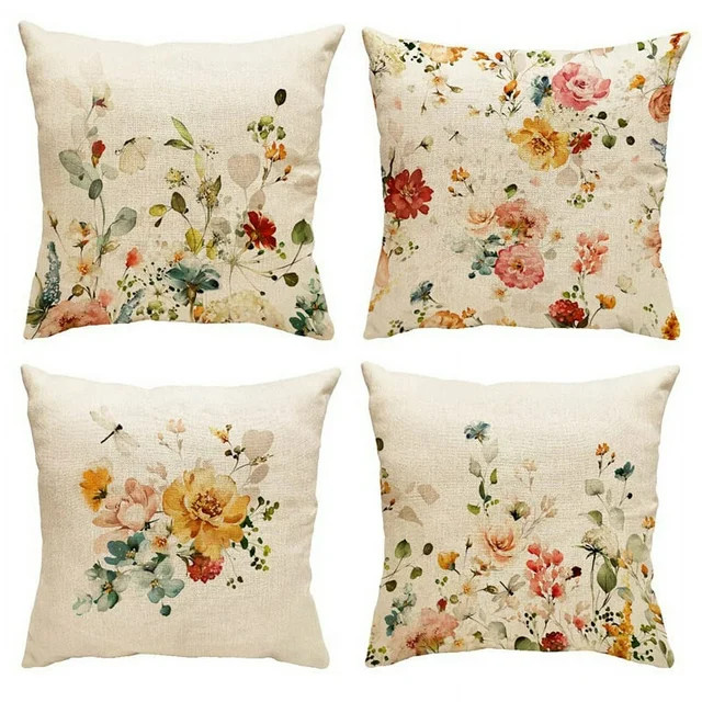 18” x 18” Farmhouse Floral Flax Decorative Pillow Case, Invisible Zipper (4 Count) - Walmart.... | Walmart (US)