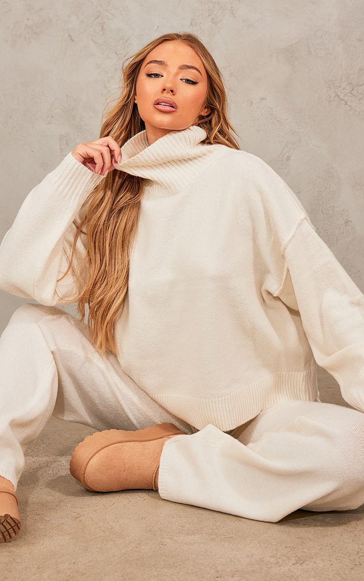 Ecru Knit Seam Detail Oversized High Neck Sweatshirt | PrettyLittleThing US